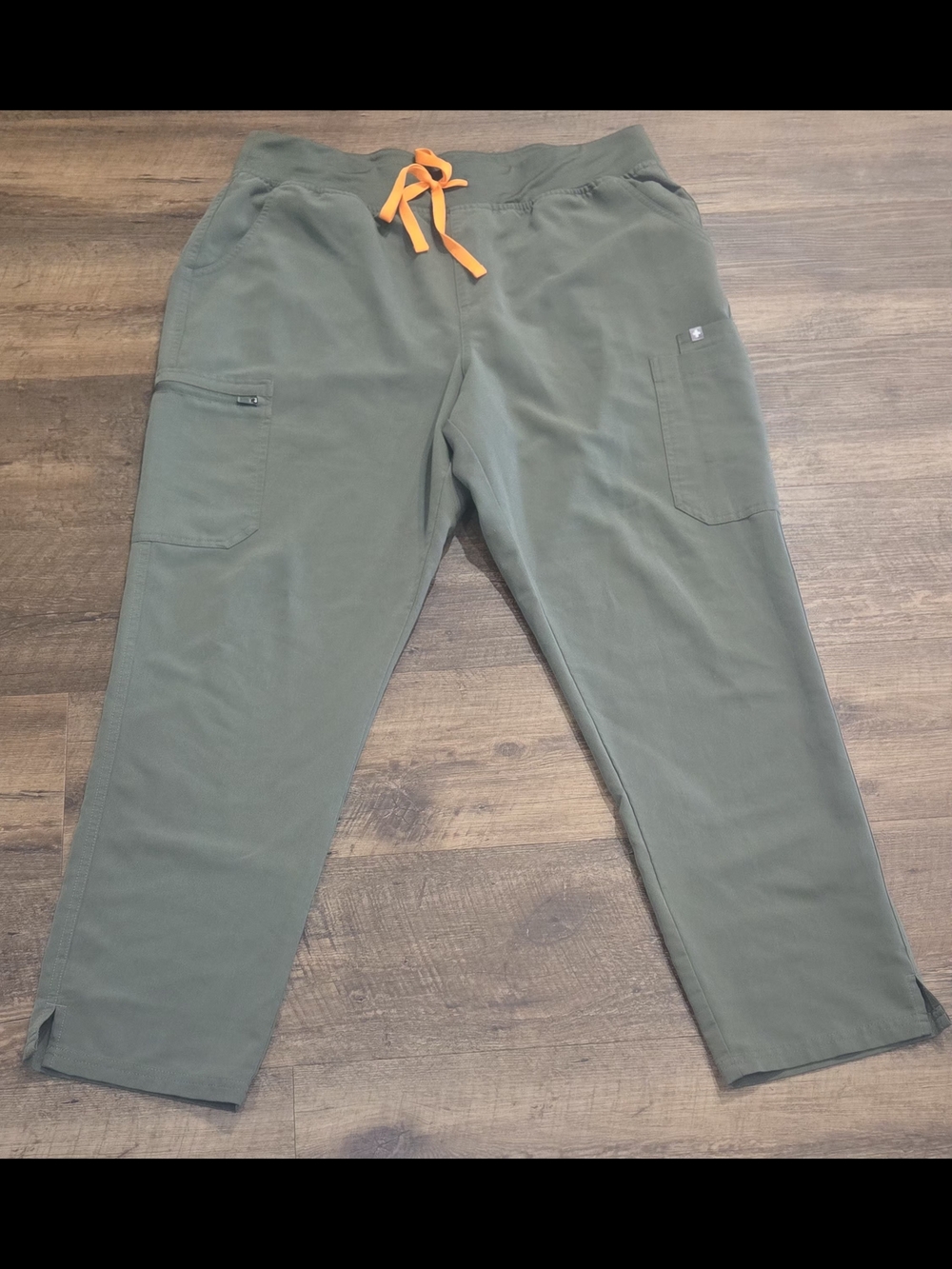 Figs Olive Green Scrub Pants with Orange Drawstring